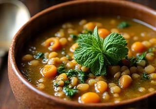 Bowl of lentil soup with spinach and herbs